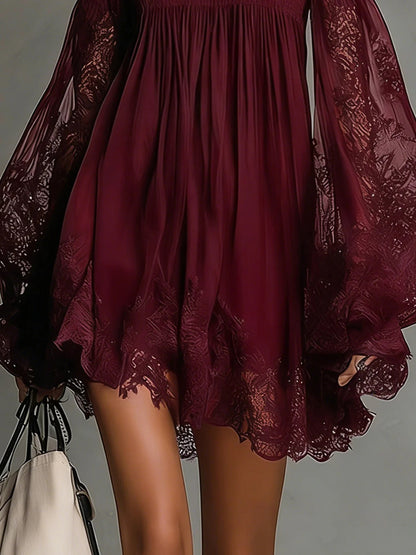 Off-Shoulder Lace Mini Dress with Puff Sleeves
