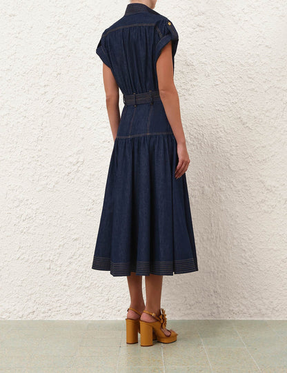 Dark Denim Midi Shirt Dress with Belt & Puff Sleeves