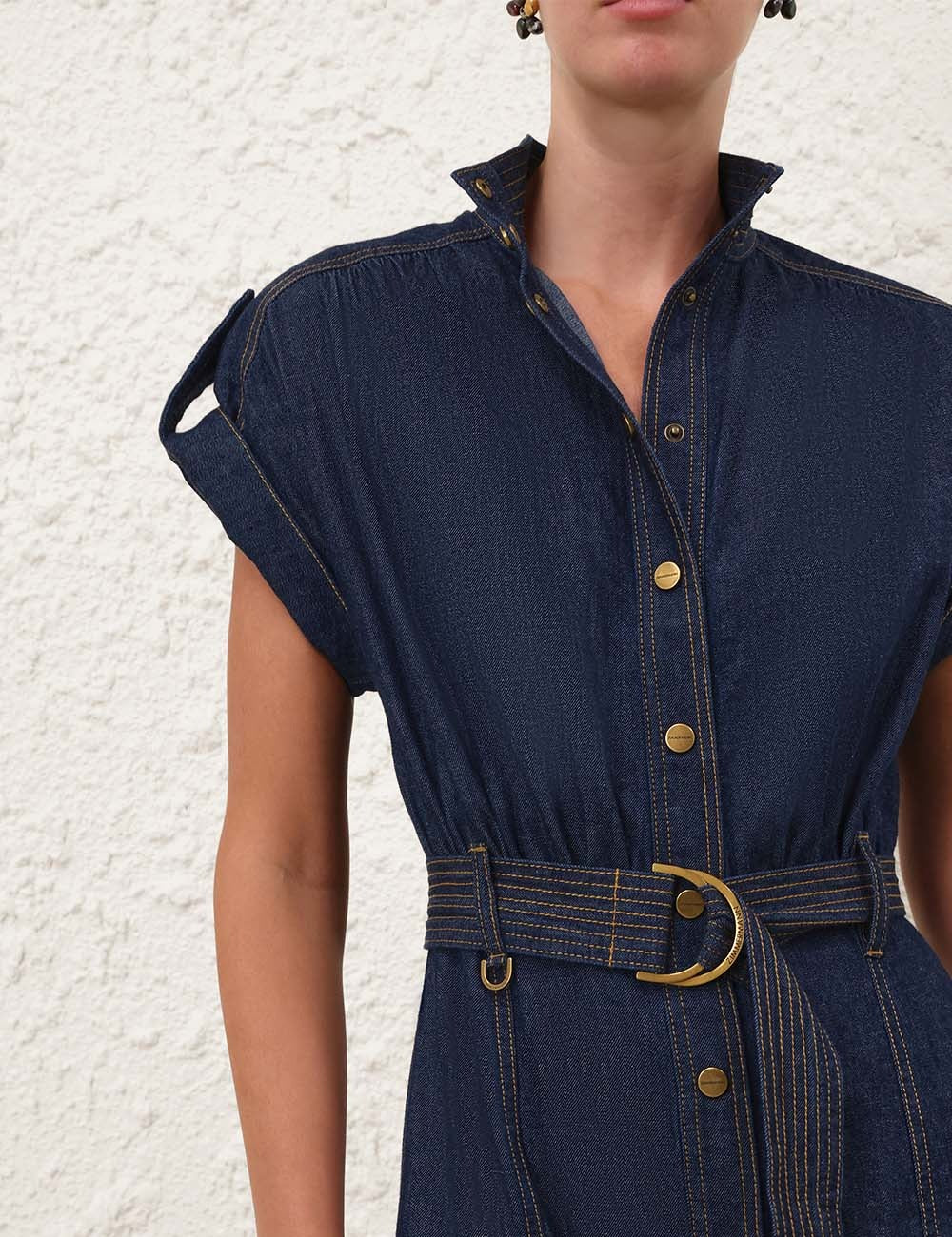 Dark Denim Midi Shirt Dress with Belt & Puff Sleeves