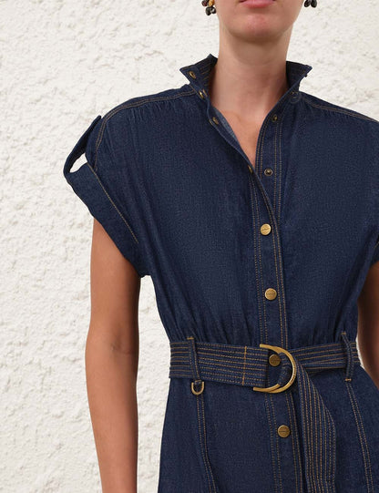 Dark Denim Midi Shirt Dress with Belt & Puff Sleeves