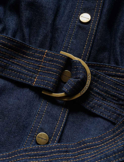 Dark Denim Midi Shirt Dress with Belt & Puff Sleeves