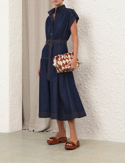 Dark Denim Midi Shirt Dress with Belt & Puff Sleeves