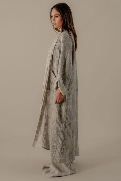 3 Piece Linen Lounge Set Crinkle Kimono Crop Top Wide Leg Pants