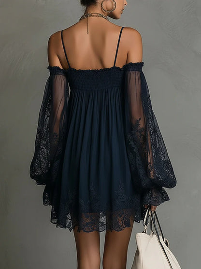 Off-Shoulder Lace Mini Dress with Puff Sleeves