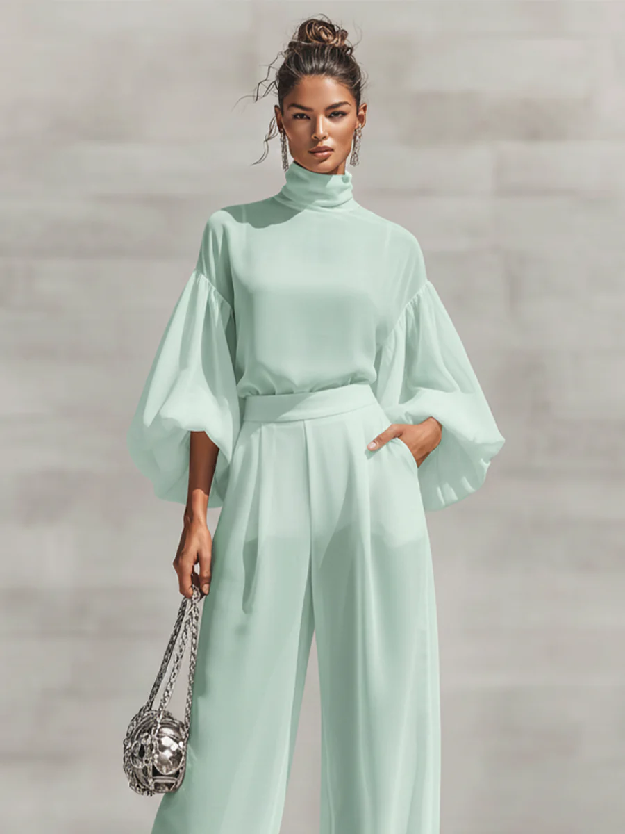 Mint Green 2-Piece Set: Turtleneck Puff Sleeve Top & Wide Leg Pants