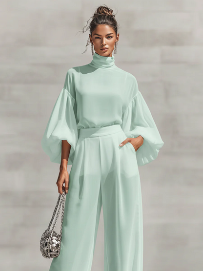 Mint Green 2-Piece Set: Turtleneck Puff Sleeve Top & Wide Leg Pants