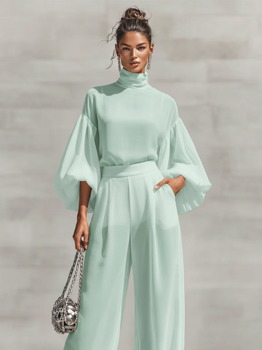 Mint Green 2-Piece Set: Turtleneck Puff Sleeve Top & Wide Leg Pants
