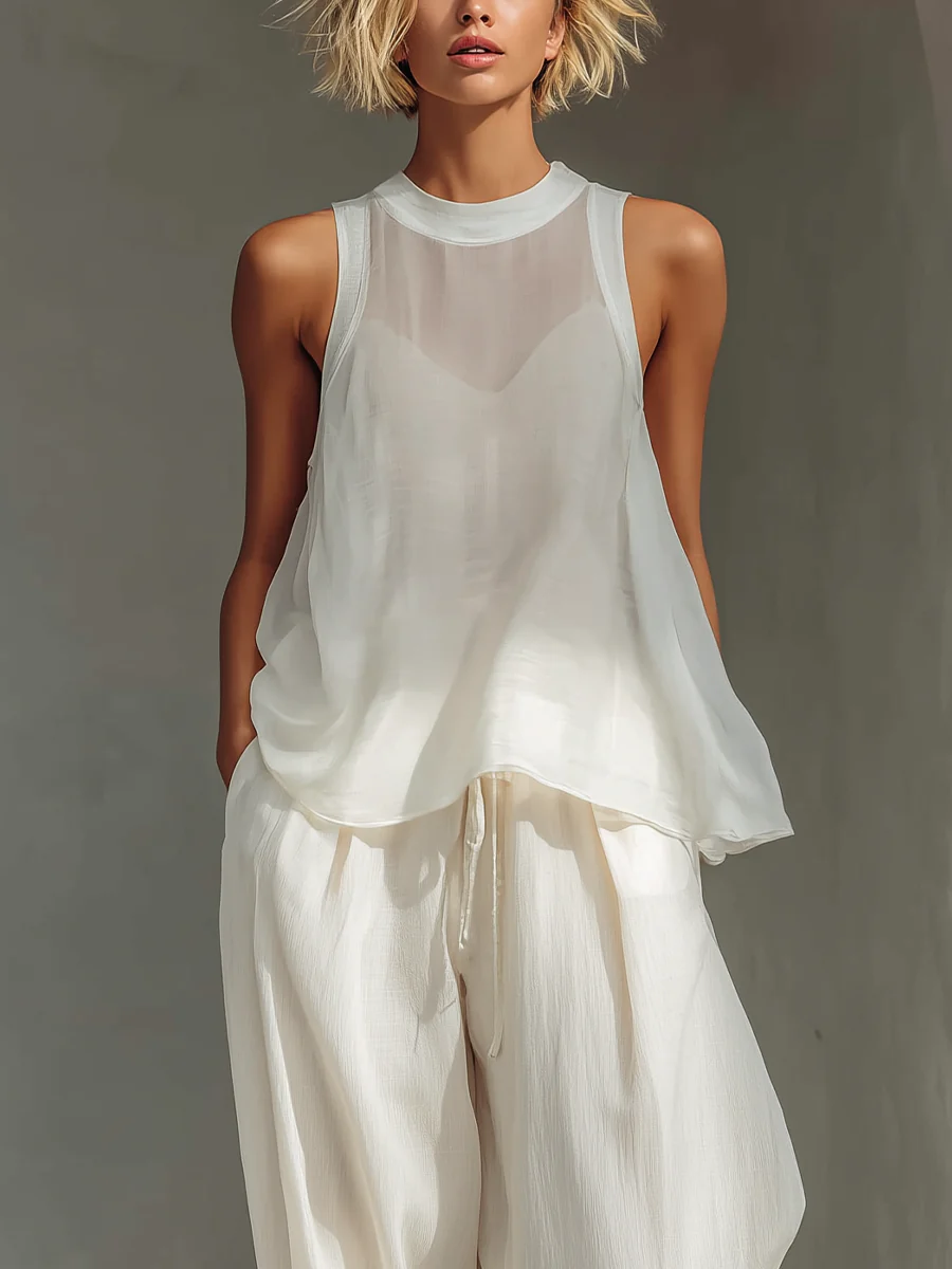 2 Piece White Linen Set - Sleeveless Tank Top & High Waist Wide Leg Pants