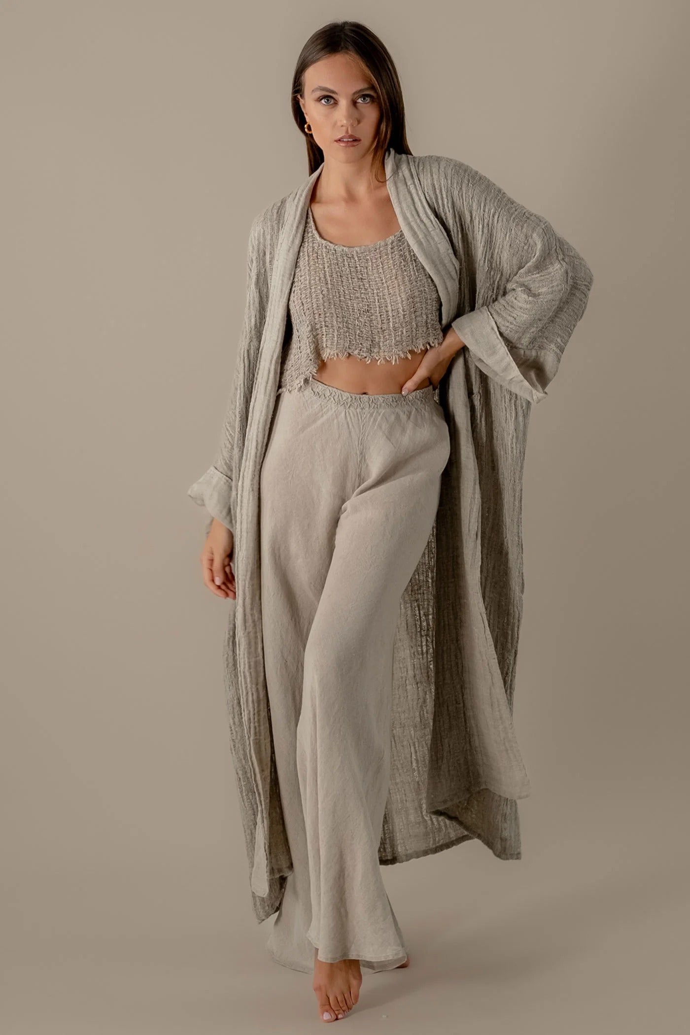 3 Piece Linen Lounge Set Crinkle Kimono Crop Top Wide Leg Pants