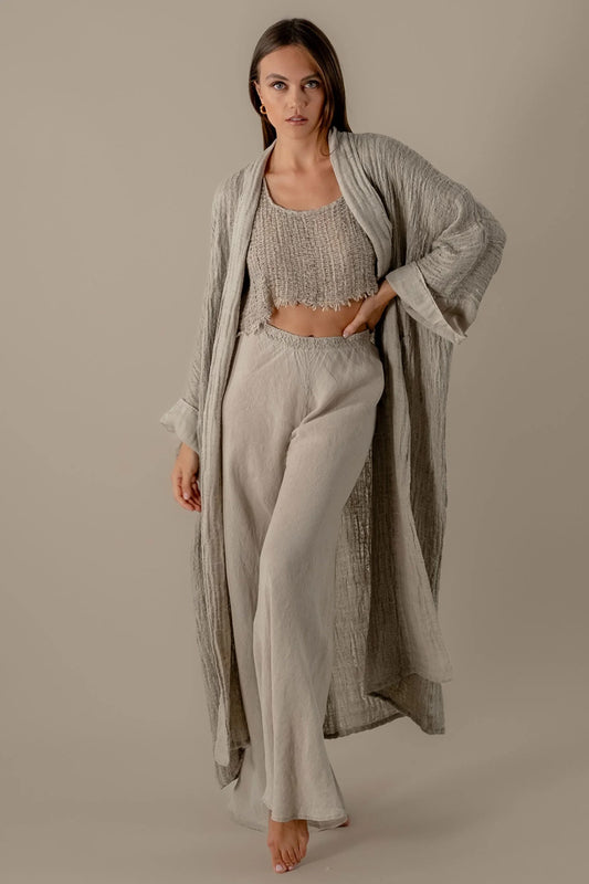 3 Piece Linen Lounge Set Crinkle Kimono Crop Top Wide Leg Pants