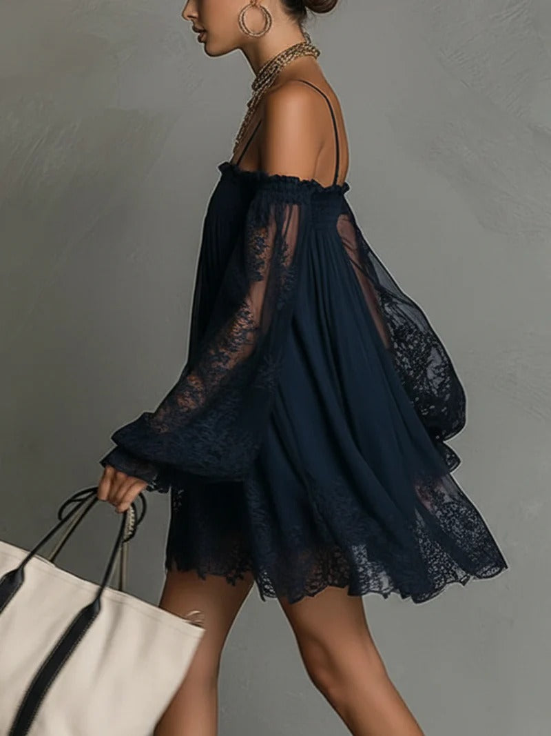 Off-Shoulder Lace Mini Dress with Puff Sleeves