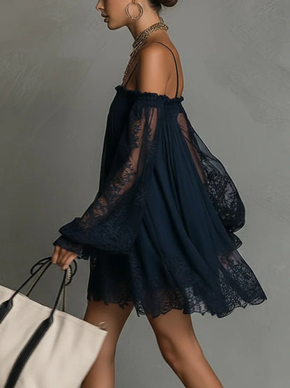 Off-Shoulder Lace Mini Dress with Puff Sleeves