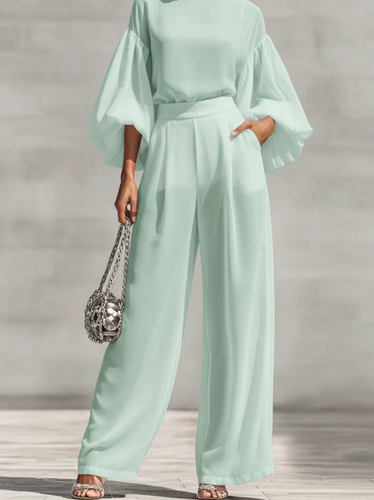 Mint Green 2-Piece Set: Turtleneck Puff Sleeve Top & Wide Leg Pants
