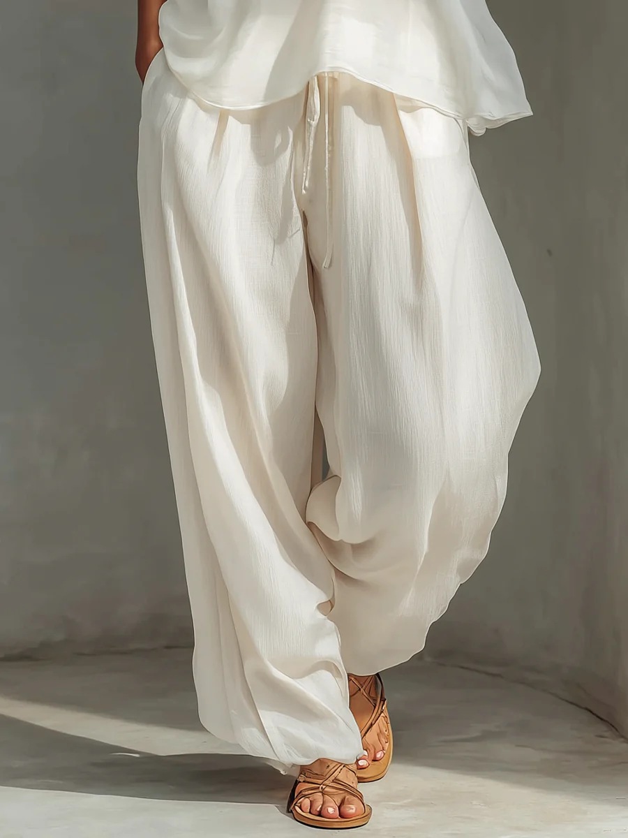 2 Piece White Linen Set - Sleeveless Tank Top & High Waist Wide Leg Pants