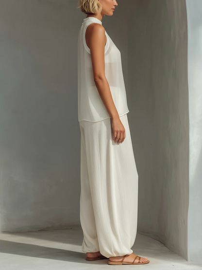 2 Piece White Linen Set - Sleeveless Tank Top & High Waist Wide Leg Pants
