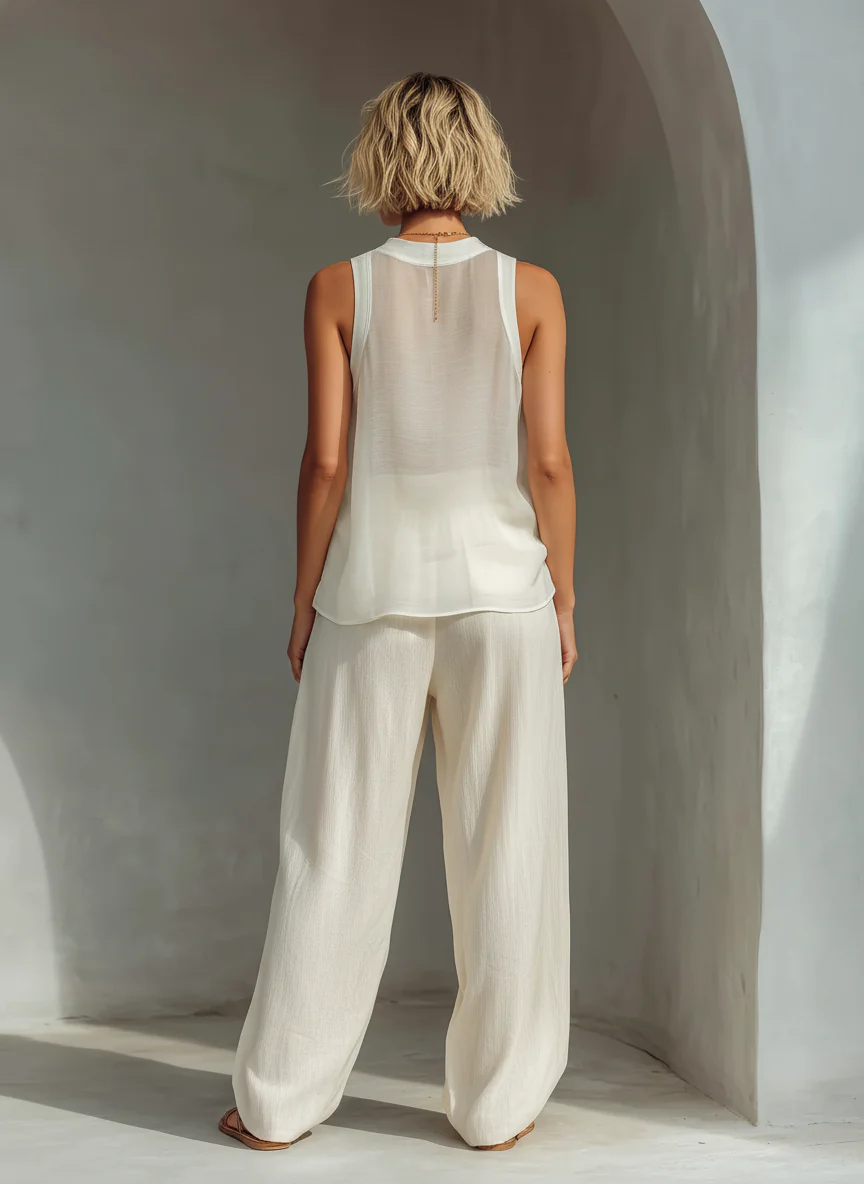2 Piece White Linen Set - Sleeveless Tank Top & High Waist Wide Leg Pants