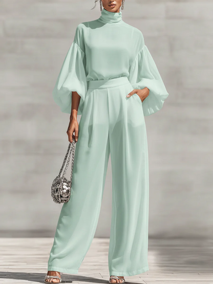 Mint Green 2-Piece Set: Turtleneck Puff Sleeve Top & Wide Leg Pants