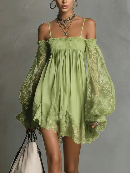 Off-Shoulder Lace Mini Dress with Puff Sleeves